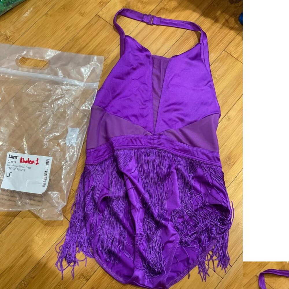 Balera dance costume purple LUSTRE FRINGE HALTER DRESS size Large Child